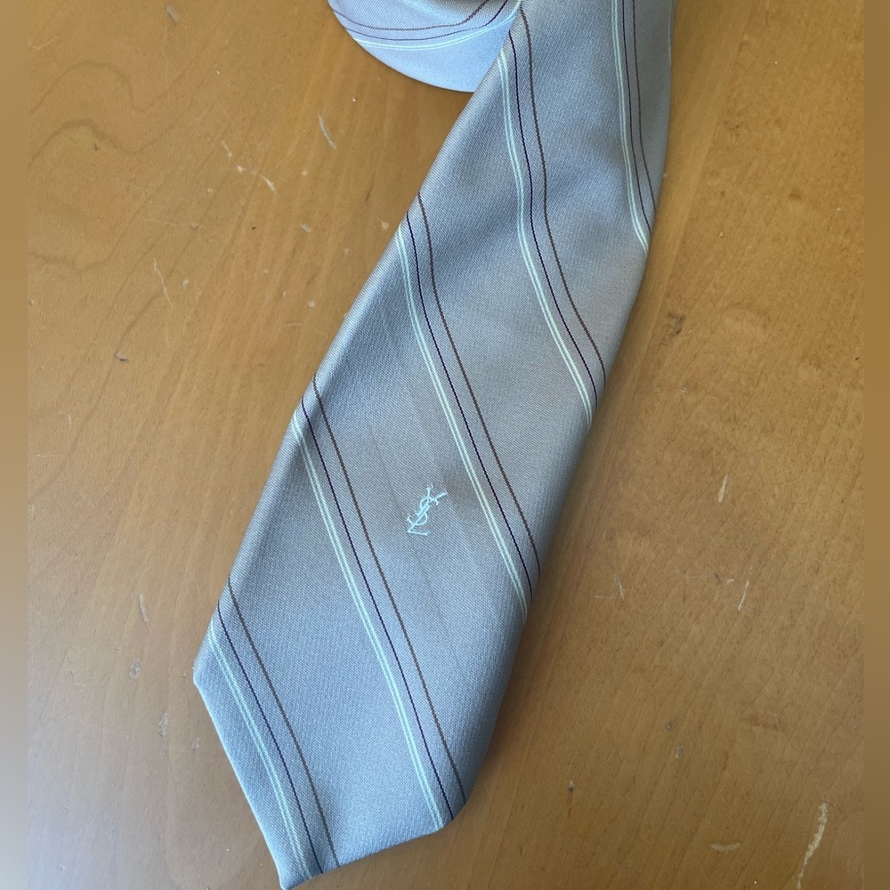 Yves Saint Laurent silk tan cream tie stripes diagonal